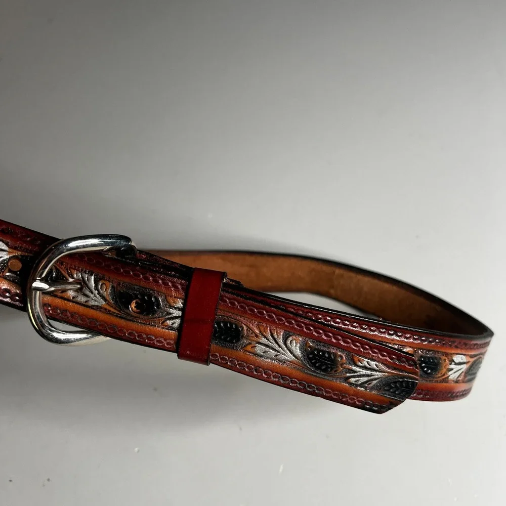 Vintage Handcrafted USA Leather Western Belt Brown Floral Tooled Pam Size 36